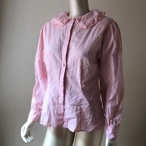 Vintage 80s Light Pink Romantic Cottagecore Lacy Puff Sleeve Button Down - M
